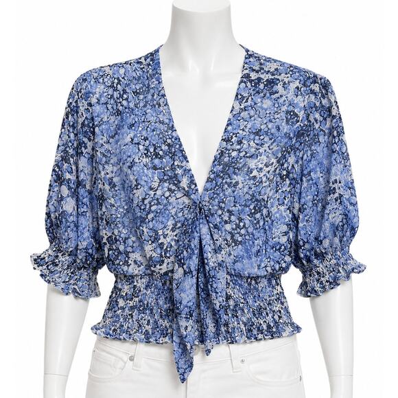 Express Tops - Express Blouse XS Blue White Coquette Y2K Puff Sleeves Smocked Waist Top FLAW